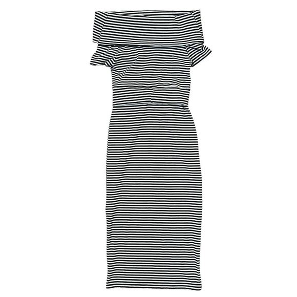 Vici Off the Shoulder Front Tie Black & White Striped Bodycon Pencil Dress M - Picture 5 of 7